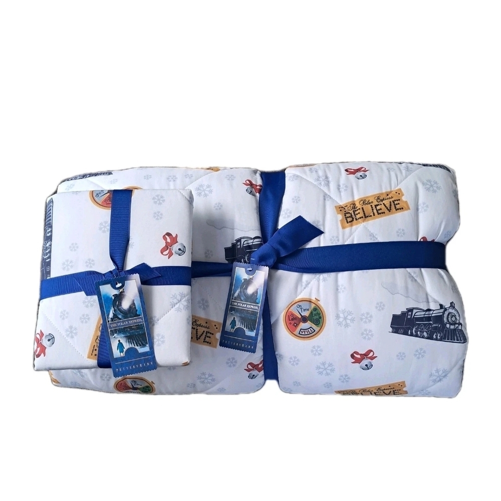 Pottery Barn Kids Polar Express Comforter & Sham Twin Holiday Train Bedding Set